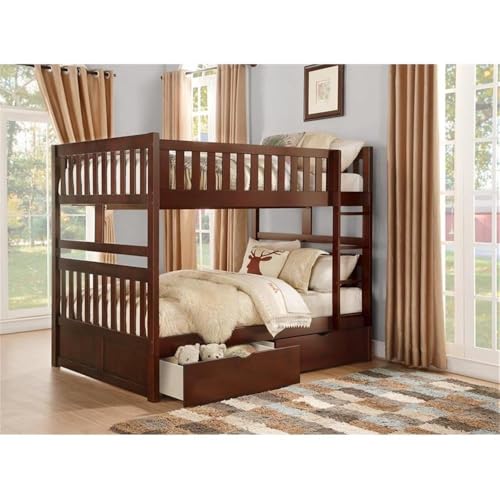 Pemberly Row Transitional Wood Full Over Full Bunk Bed Cherry