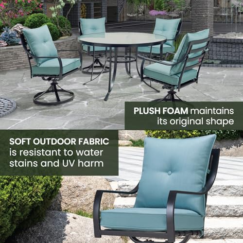 Hanover Lavallette 5-Piece Outdoor Dining Set with Swivel Rocker Chairs and Glass-Top Table Blue