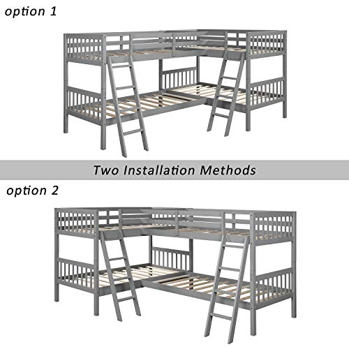 P PURLOVE L-Shaped Twin Over Twin Bunk Bed Wood Frame Grey