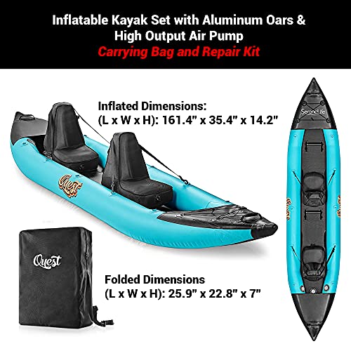SereneLife 2 Person Inflatable Kayak - Double Kayak with Aluminum Paddles, Repair Kit - Lightweight, Portable Adult Kayaks with High-Output Pump - Durable Vinyl Kayak - Aqua