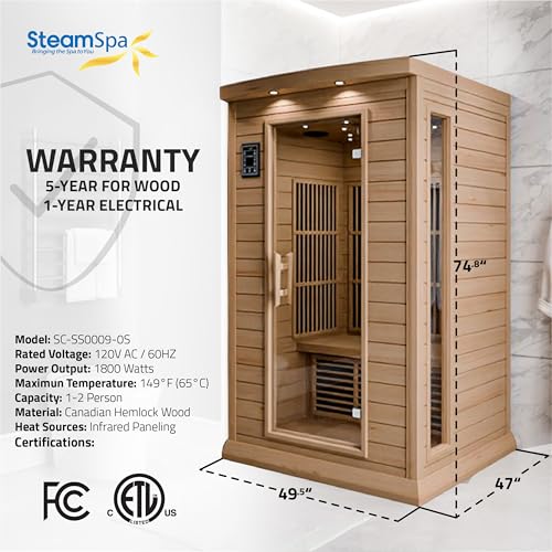 SteamSpa Hemlock Indoor Sauna 1-2 Person - Bluetooth, Oxygen Bar, Touch Control