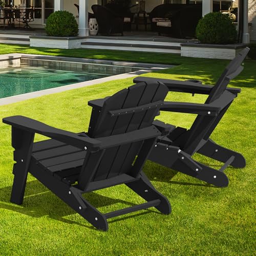 LOUNZY Folding Adirondack Chair Set of 6 All-Weather with Cup Holders Black