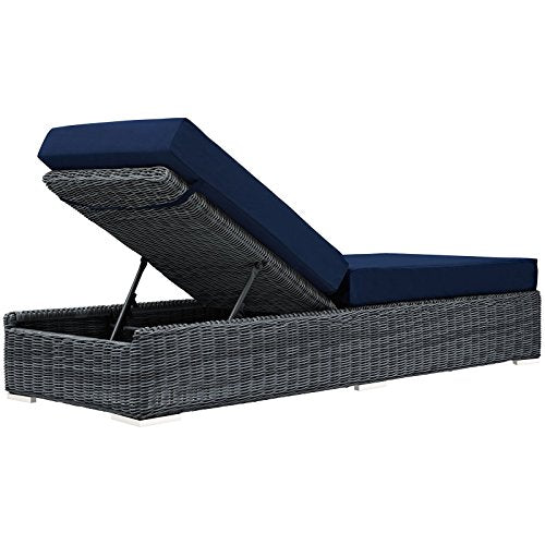 Modway Summon Wicker Rattan Aluminum Outdoor Chaise Lounge Chair with Sunbrella Fabric Cushions Navy