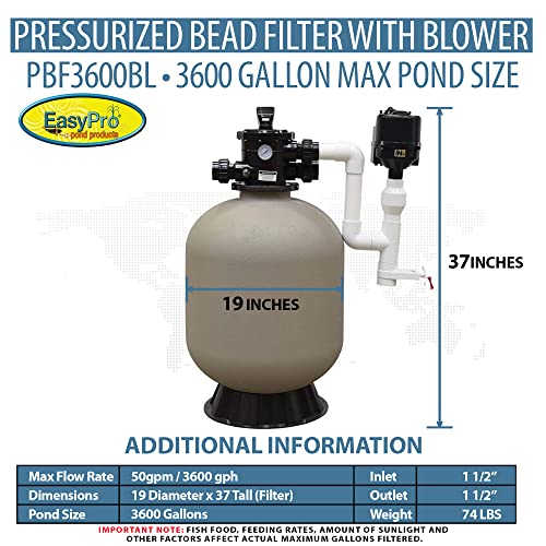 EasyPro Pond Products PBF3600BL Pressurized Bead Filter with Blower for Ponds & Fish Systems 3600 Gallon Max