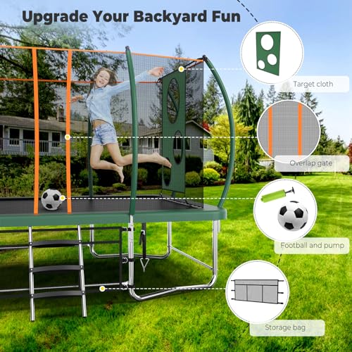 Lyromix 14FT Outdoor Rectangle Trampoline with Curved Poles, Light, Sprinkler & Soccer Set Field Green