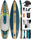 HICOO Inflatable Paddle Board with Kayak Seat, Double Blade Paddle, Waterproof Bag - Wooden Dark Blue