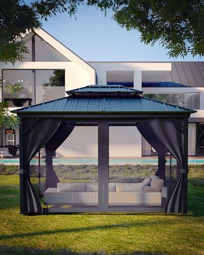 GAOMON Hardtop Gazebo 12'x14' Aluminum Frame with Double Metal Roof, Net & Curtain Gray