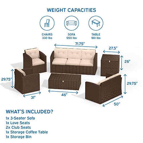 Nestl 6-Piece Patio Furniture Set with Storage Box, Brown Wicker/Beige Cushions