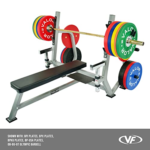 Valor Fitness Olympic Weight Bench Press Station Spotter Arms Adjustable Safety Catch Plate Storage Pegs Power Lifting Home Gym Workout Equipment BF-49 Metallic Grey and Black