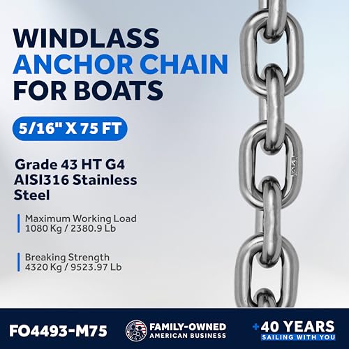 Five Oceans Marine Grade Windlass Anchor Chain 5/16 inch x 75 Ft Steel