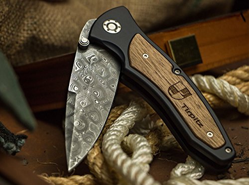 Böker Tirpitz Damascus Folding Knife 3-7/8" Straight Edge Blade Brown