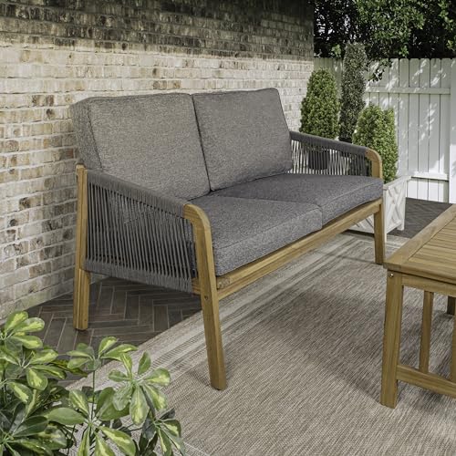 JONATHAN Y Arwen Modern Bohemian Roped Acacia Wood Outdoor Loveseat Gray/Teak Brown