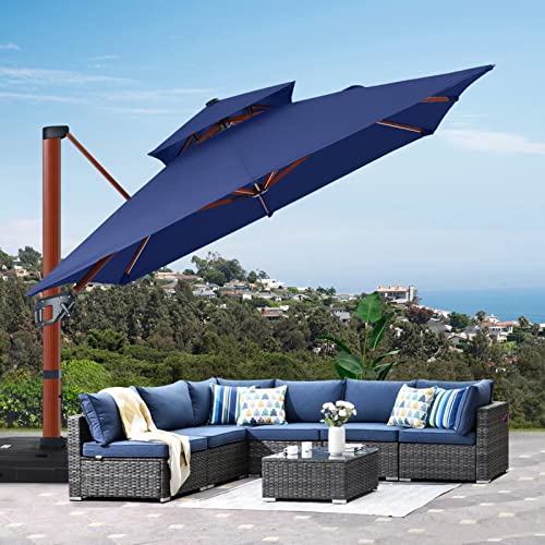 ABCCANOPY 10x13ft Windproof Cantilever Patio Umbrella Navy Blue-Wood Grain Pole