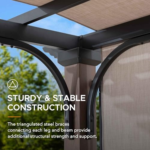 Sunjoy Outdoor Pergola 11x11 ft Black Steel with Retractable Tan Sun Shade Canopy