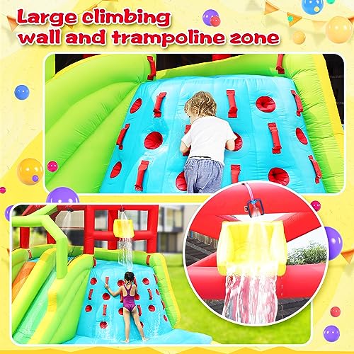 WELLFUNTIME Inflatable Water Slide Park with Splash Pool, Climbing Wall, Sport Balls, Water Guns, and Air Blower