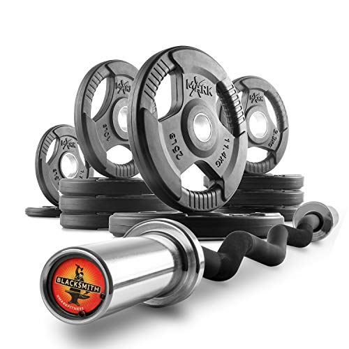 XMark Olympic Bar Curl Bar with Weights Offer, TRI-GRIP Olympic Weight Plates 115 lb Set, Black Manganese 28mm - Black