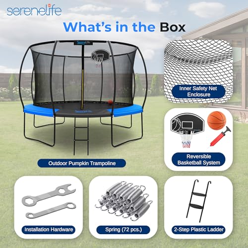 SereneLife 12ft Kids Trampoline with Net & Basketball Hoop Blue