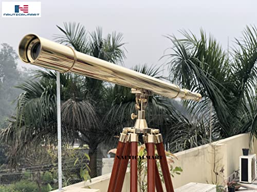 NauticalMart 44" Solid Brass Harbormaster Telescope with Mahogany Tripod Golden
