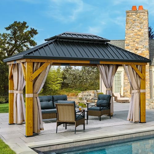 YITAHOME 11x13FT Wooden Frame Gazebo Double Roof Hardtop Canopy with Curtain and Netting Beige Yellow