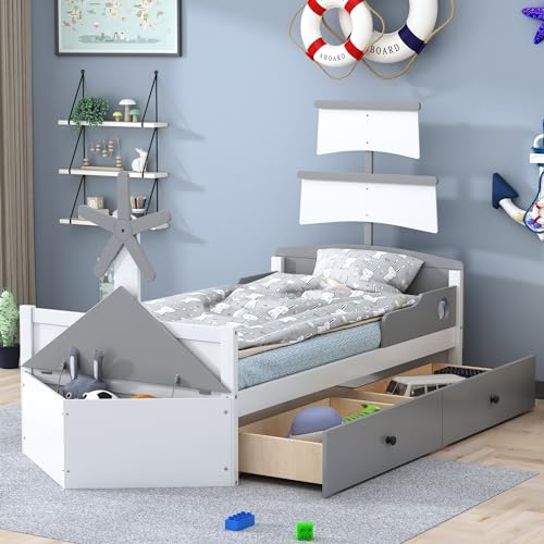 Bellemave Twin Size Kids Bed with Storage Drawers Boat-Shaped Grey