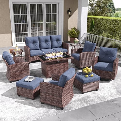 LayinSun 10-Piece Patio Furniture Set with Swivel Chairs and Fire Pit Table Brown/Navy Blue