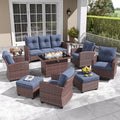 LayinSun 10-Piece Patio Furniture Set with Swivel Chairs and Fire Pit Table Brown/Navy Blue