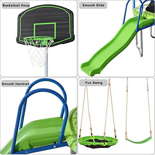Steelway 14ft Trampoline Combo with Swing, Slide, Safety Net & Basketball Hoop 14FT Green
