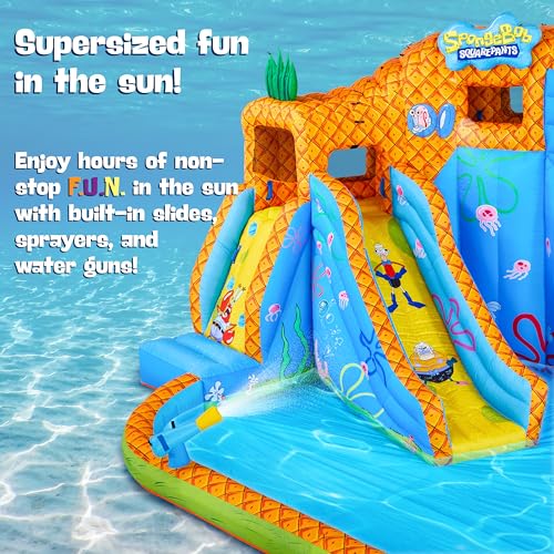 SUNNY & FUN Spongebob Deluxe Inflatable Water Slide Park with Climbing Wall & Splash Pool