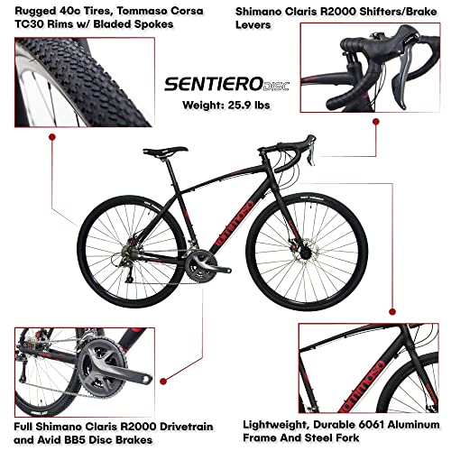 Tommaso Sentiero Sport Performance Aluminum Gravel Bike Shimano Claris 24 Speeds Road Bicycle Matte Black/Red