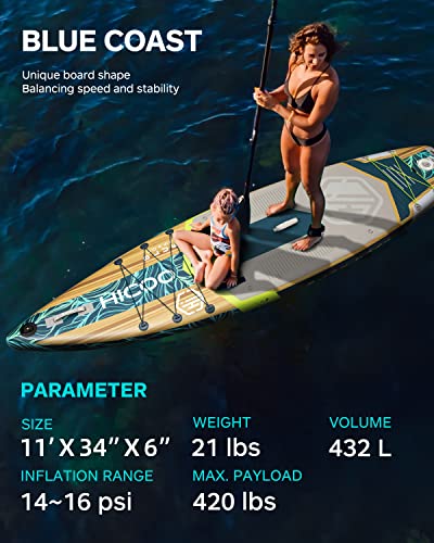 HICOO Inflatable Paddle Board with Kayak Seat, Double Blade Paddle, Waterproof Bag - Wooden Dark Blue