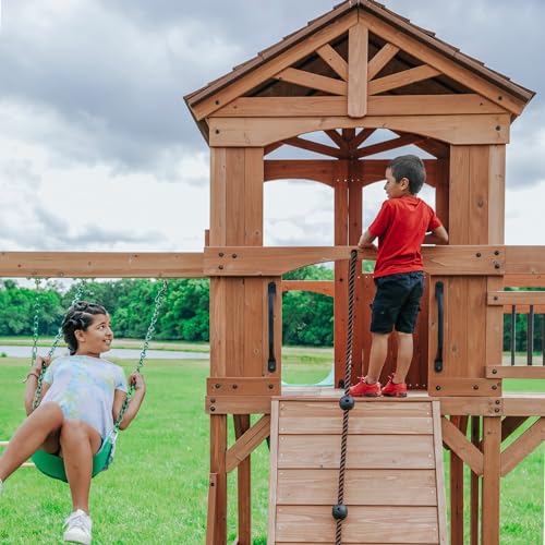 Backyard Discovery Sterling Point Cedar Swing Set with Green Wave Slide & Climbing Wall