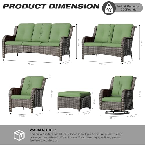 Joyside 6-Piece Wicker Patio Furniture Set with Sofa, Rocker Chairs, Ottomans, and Side Table Green