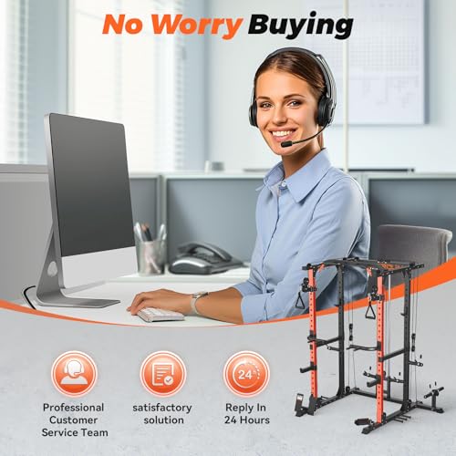 FEIERDUN Multi-Function Squat Rack Power Cage with Cable Crossover, 2000LBS Capacity, Orange/Black