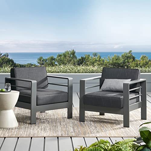 Christopher Knight Home Crested Bay Outdoor Aluminum Club Chairs Set, 2-Pcs, Grey / Dark Grey