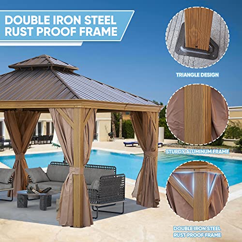 Endark 12x20FT Hardtop Gazebo with Galvanized Steel Double Roof, Wood-Look Aluminum Frame, Netting & Curtains