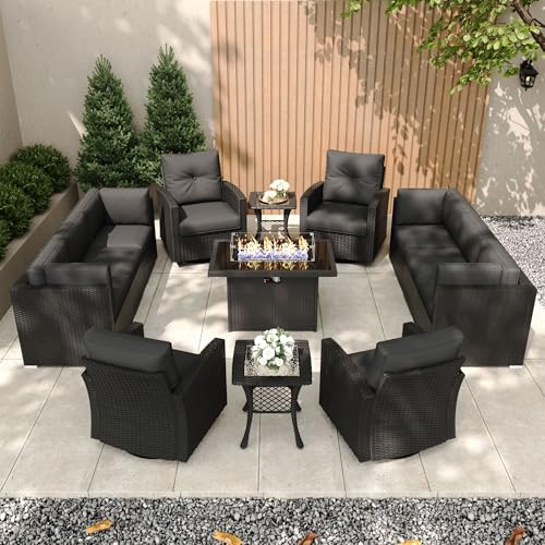 KHOLH 13-Piece Patio Furniture Set with Fire Pit Table, All-Weather Wicker Sectional Sofa and 4 Swivel Chairs Black