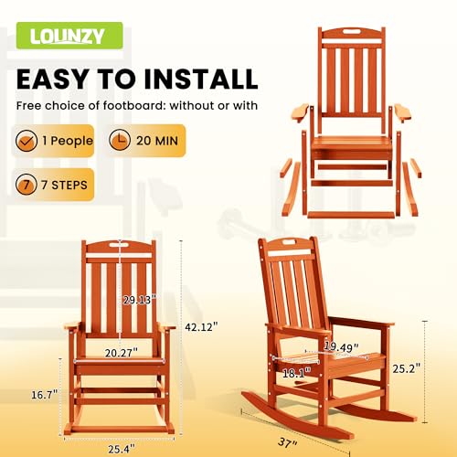LOUNZY Outdoor Rocking Chair Set of 6 HDPE Patio Porch Rockers 380lbs Support Orange