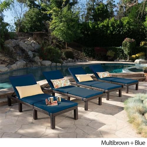 Noble House Jamaica MultiBrown Wicker Chaise Lounge Set of 4 with Blue Cushion