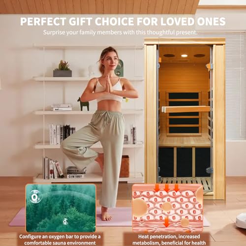 RIGO Infrared Sauna Room Indoor Canadian Hemlock 980W Low-EMF Single Person Spa Burlywood