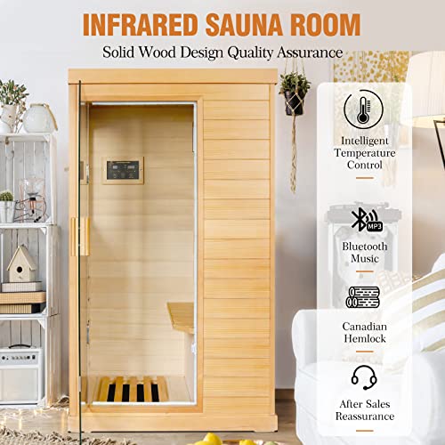 OUTEXER Far Infrared Sauna Canadian Hemlock Wood Indoor 800W with Control Panel Wood Color