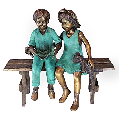 Design Toscano Read to Me Boy and Girl on Bench Cast Bronze Garden Statue Two Tone Bronze & Verdigris