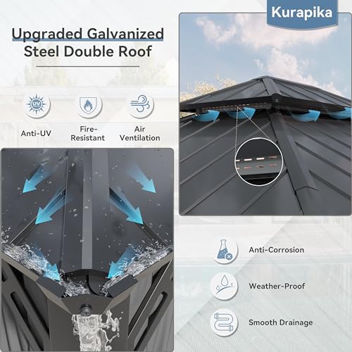 Kurapika 12' x 16' Hardtop Gazebo Outdoor Metal Pavilion with Canopy and Netting Gray