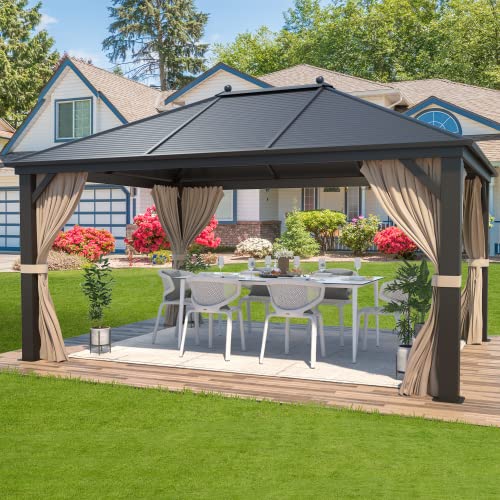 MELLCOM 10'x13' Hardtop Gazebo with Netting and Curtains Dark Brown