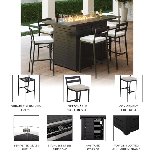 LeisureMod Chelsea Collection Aluminum Outdoor Dining Set with Fire Pit Table and 6 Bar Chairs Beige