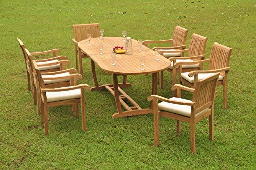 WholesaleTeakFurniture Grade-A Teak Wood 9 Pc Dining Set with 94" Oval Table and 8 Napa Stacking Arm Chairs