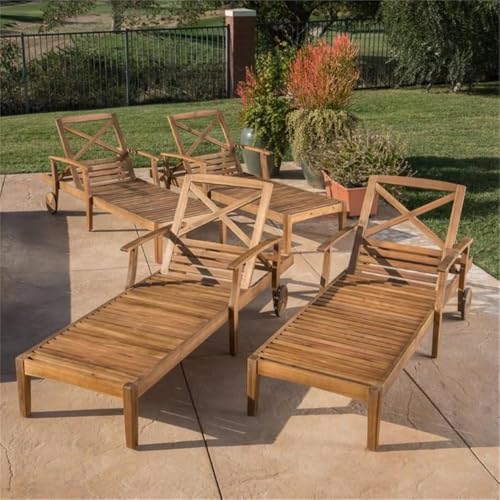 Great Deal Furniture GDFStudio Outdoor Teak Finished Acacia Wood Chaise Lounge Set of 4 Teak Finish