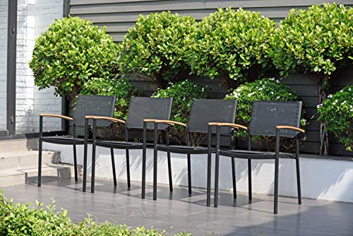 Amazonia Kenneth 9-Piece Extendable Patio Dining Set Durable Teak Wood Black Sling Chairs Black
