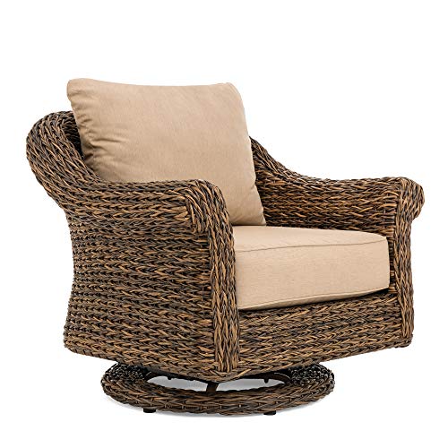 Winston Cayman Swivel Glider Lounge Chair Heritage Brown Frame Seagrass Weave Sunbrella Canvas Heather Beige