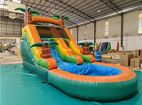 awesmflate Commercial Inflatable Water Slide for Kids Adults, 21FT Big Backyard Waterslide Tropical Outdoor Slide Park with Water Pool - Blue/Green/Orange