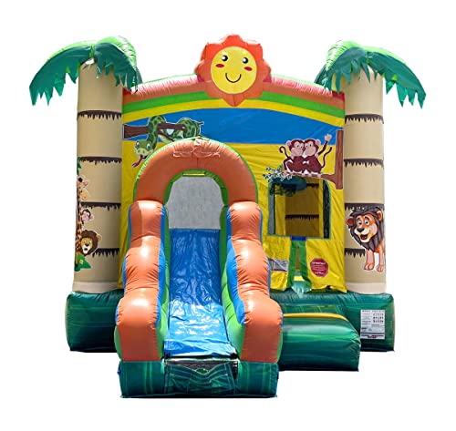Pogo Bounce House Inflatable Jungle Castle with Slide Tropical Smiley Face